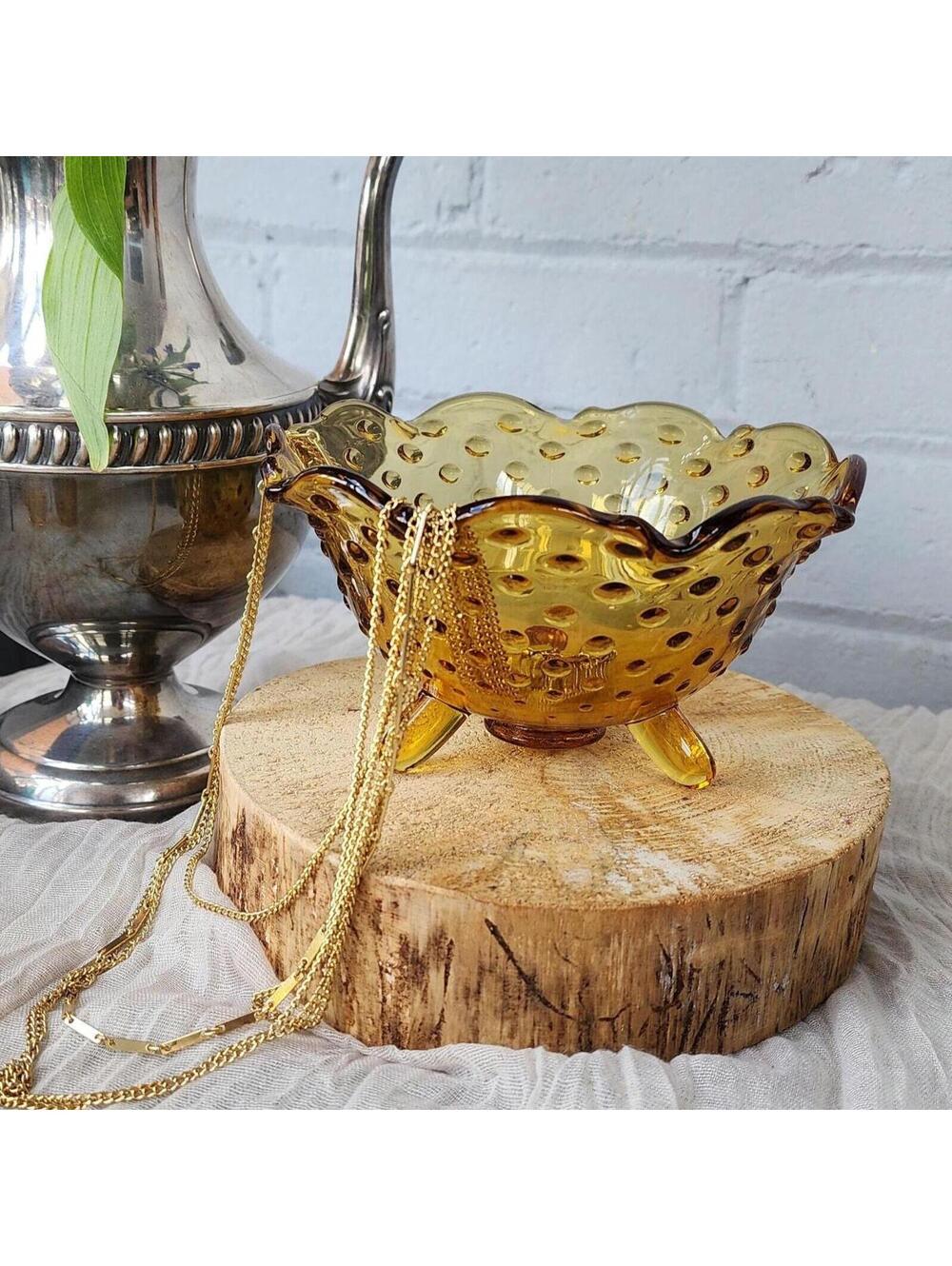 Vintage Amber Hobnail Glass Bowl | Cottagecore Wedding